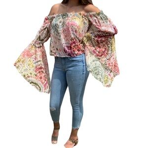 NWT Live 4 Truth Floral Boho Hippie Bell Sleeves Cropped Off Shoulder Flowy XS